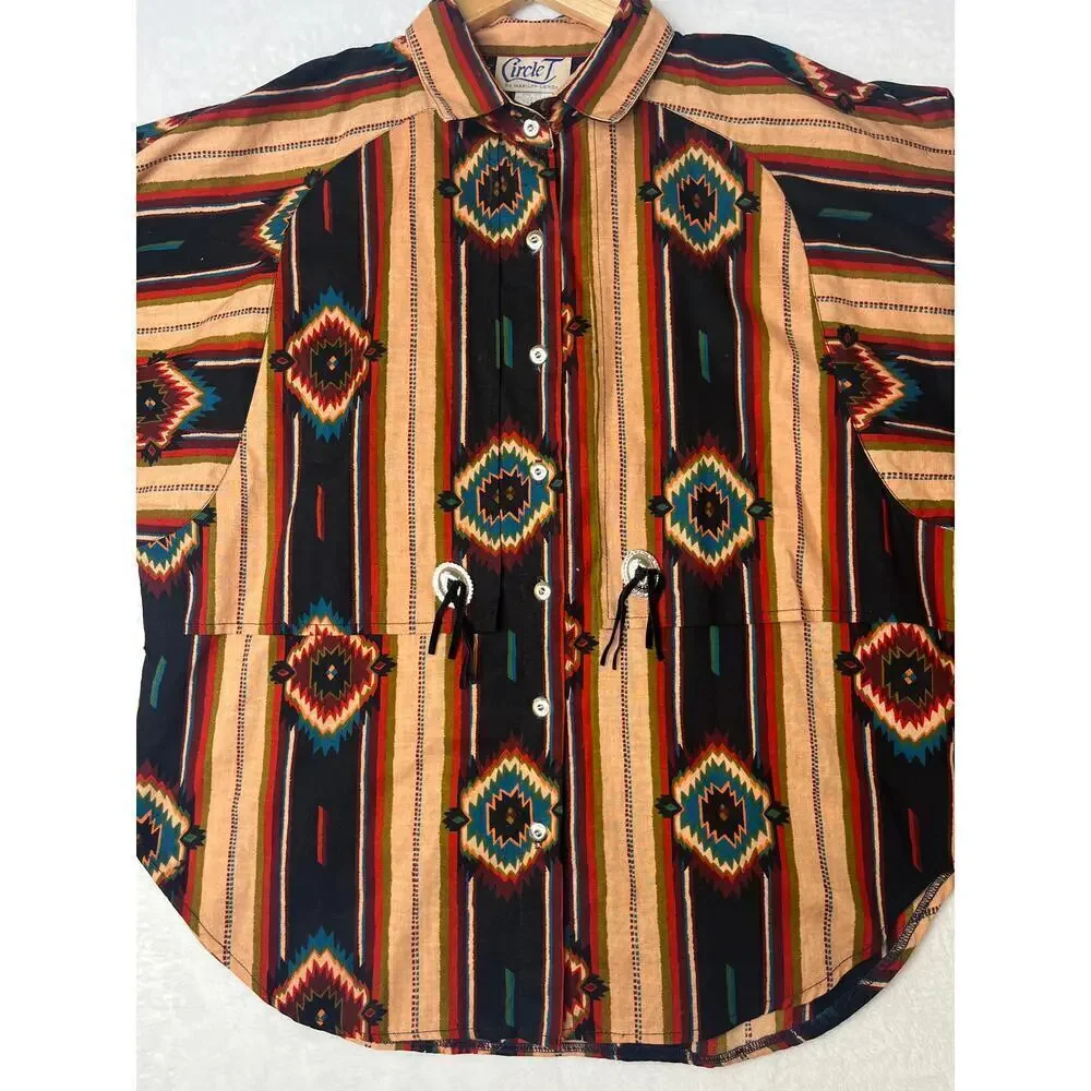 VNTG Circle T Southwest Cowboy Boho Button Down Shirt Womens Sz L Tassels Tribal
